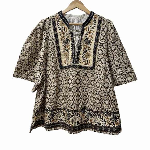 Anthropologie Tops - Anthropologie Pleated Floral Puff Sleeve Blouse Size 3X Black Motif Boho NEW